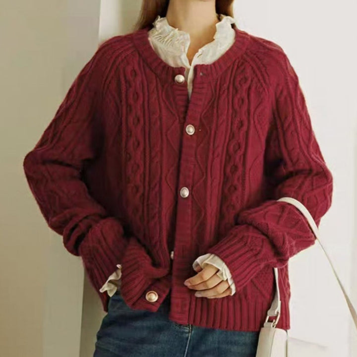 Ladies Cozy Braid and Diamond Knit Cardigan with Mother-of-Pearl Button Placket Mune Fashion