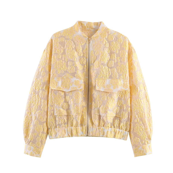 Women's Short Floral Jacquard Bomber Jacket with Zipper and Flap Pockets Mune Fashion