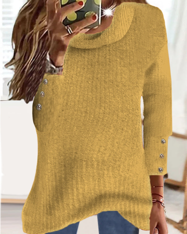 Ladies Loose Fine Knit Sweater with Round Neck and Decorative Button Placket on the Sleeves Mune Fashion