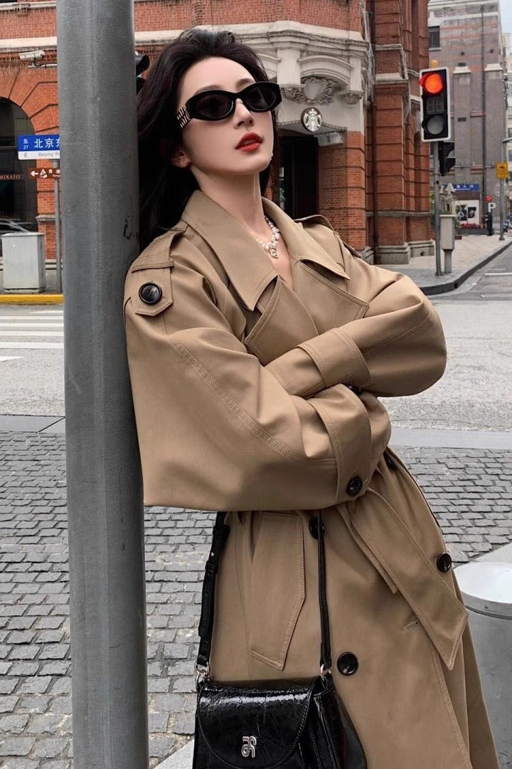 Women's Modern Boxy Trench Coat with Distinctive Shoulder Feature and Waist Belt Mune Fashion