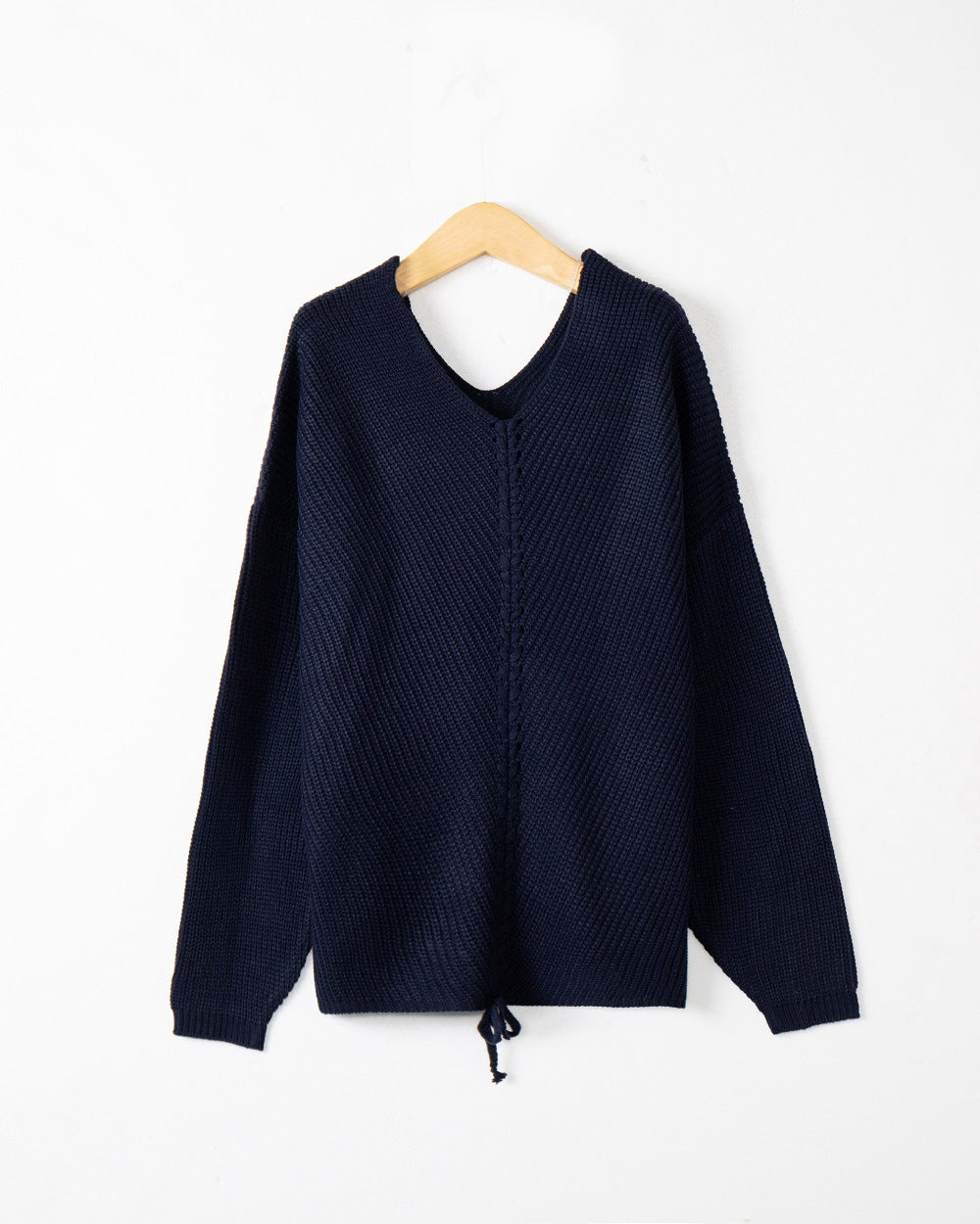 Women's knit sweater with cable center seam, V-neck and drawstring Mune Fashion