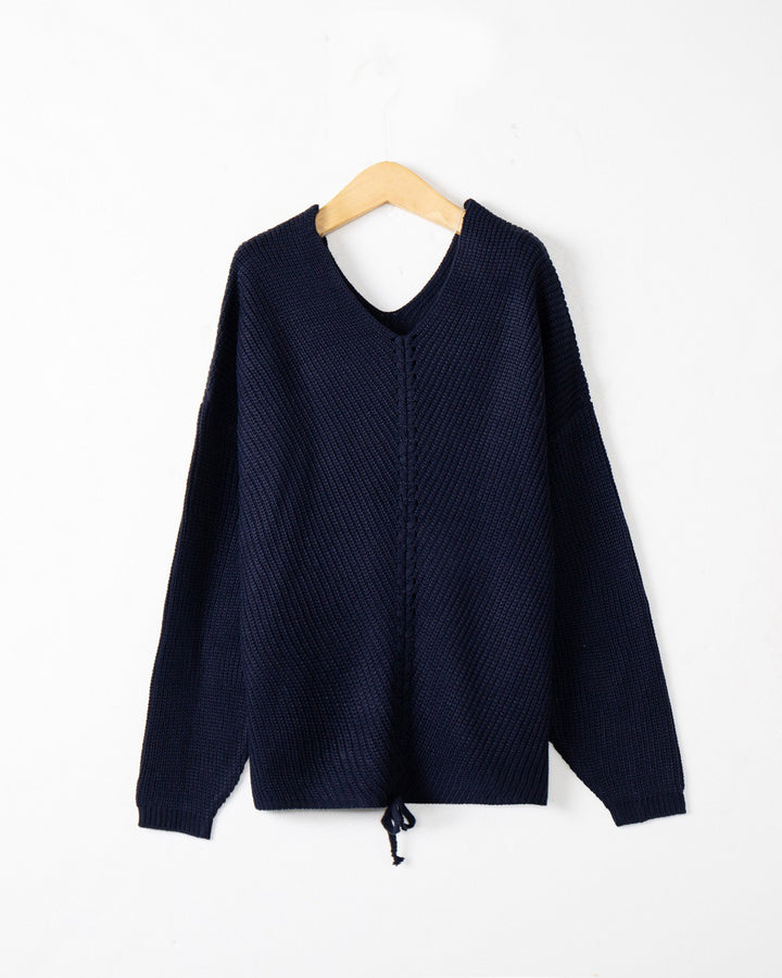 Women's knit sweater with cable center seam, V-neck and drawstring Mune Fashion