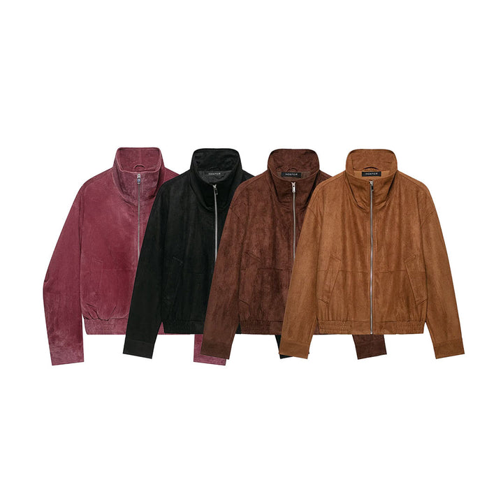 Women's Suede Look Bomber Jacket with High Funnel Collar and Elastic Cuffs