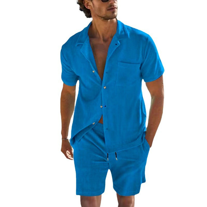 Men's casual linen summer ensemble with open collar shirt and short drawstring pants Mune Fashion