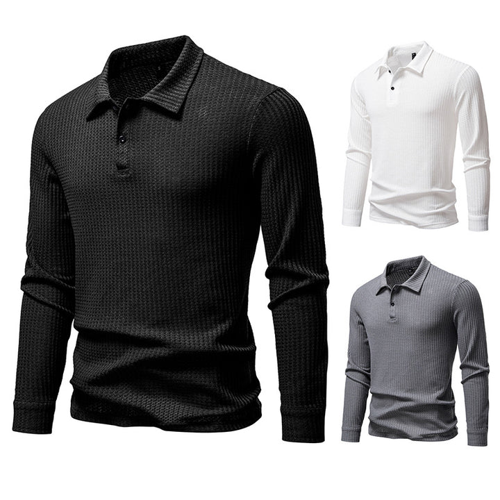 Men's Waffle Knit Polo Shirt with Half Button Placket and Shirt Collar Mune Fashion