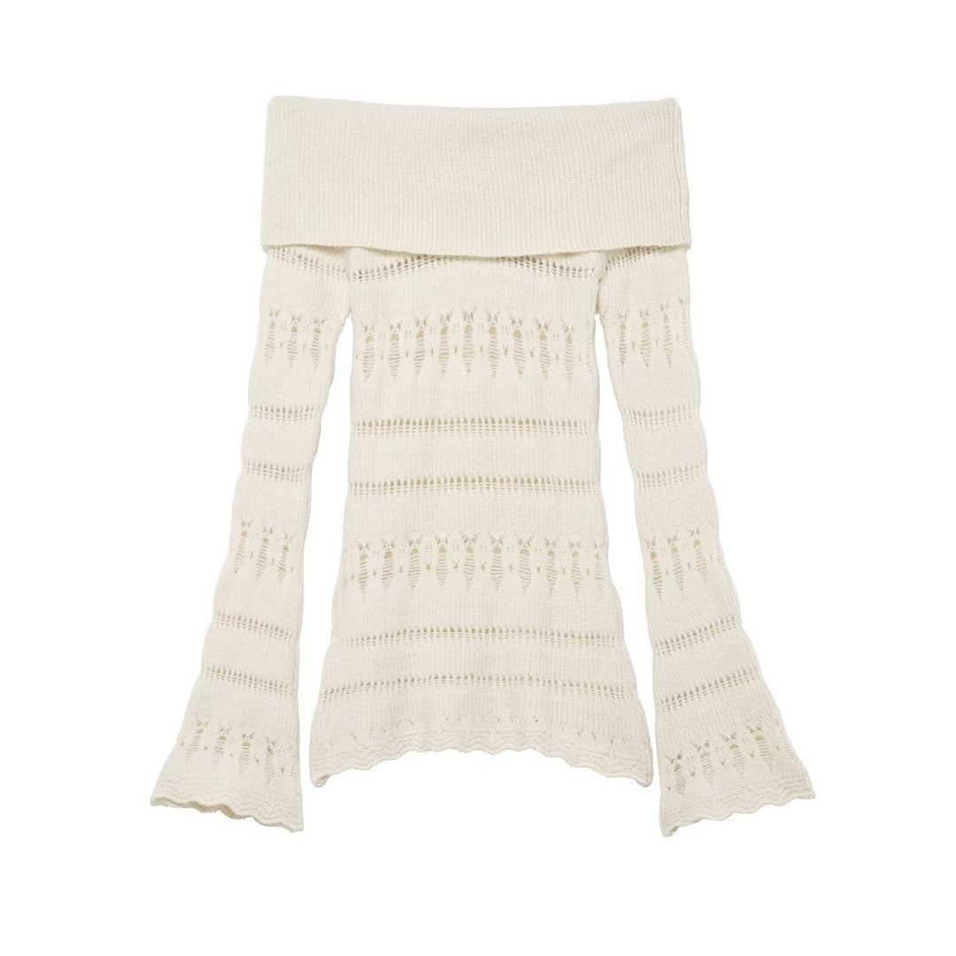 Women's Off-Shoulder Fine Knit Sweater with Folded Roll Neck and Bell Sleeves Mune Fashion