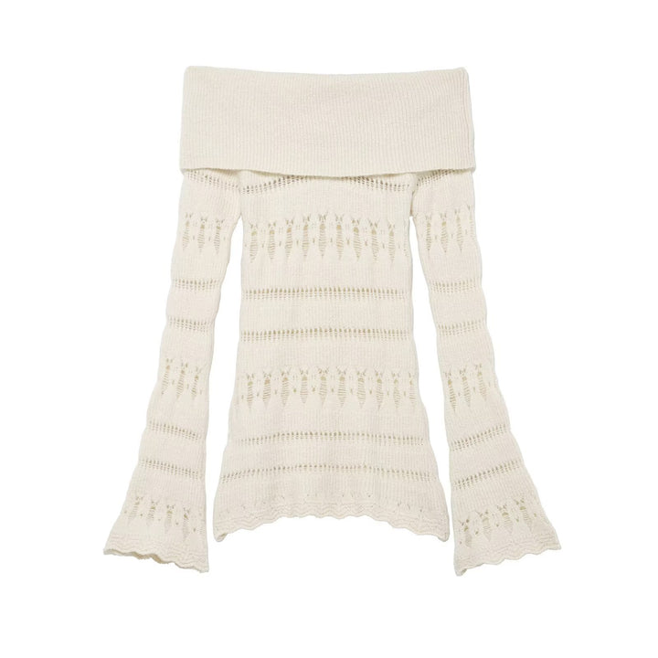 Women's Off-Shoulder Fine Knit Sweater with Folded Roll Neck and Bell Sleeves Mune Fashion