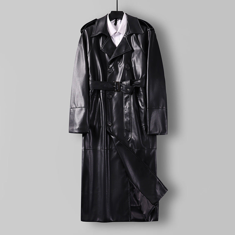 Men's Long Faux Leather Trench Coat with Double Breasted, Belted Waist and Epaulettes Mune Fashion