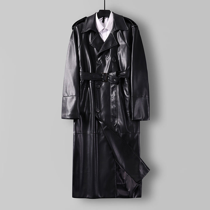 Men's Long Faux Leather Trench Coat with Double Breasted, Belted Waist and Epaulettes Mune Fashion