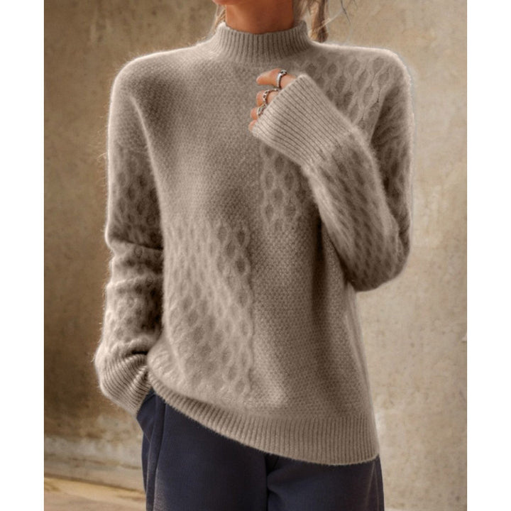 Ladies casual mohair blend fine knit sweater with structure mix, stand-up collar and dropped shoulders Mune Fashion