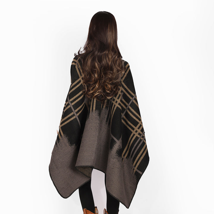 Women's Oversize Cape Poncho made of wool mix with star and check jacquard and softly falling drape