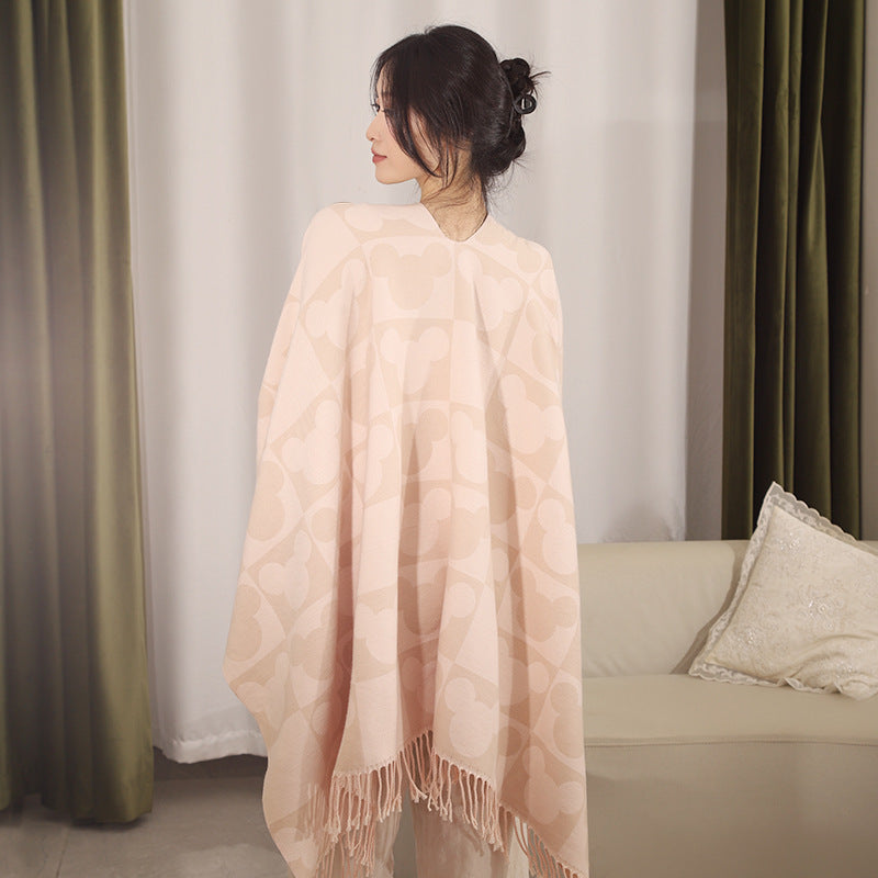 Women Oversize Jacquard Poncho with Graphic Head Silhouette Pattern and Fringes Mune Fashion