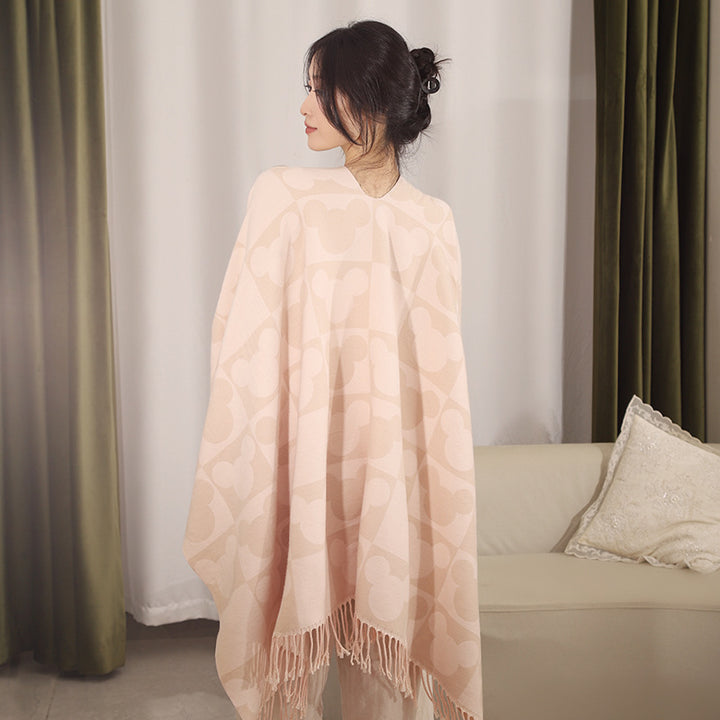 Women Oversize Jacquard Poncho with Graphic Head Silhouette Pattern and Fringes Mune Fashion