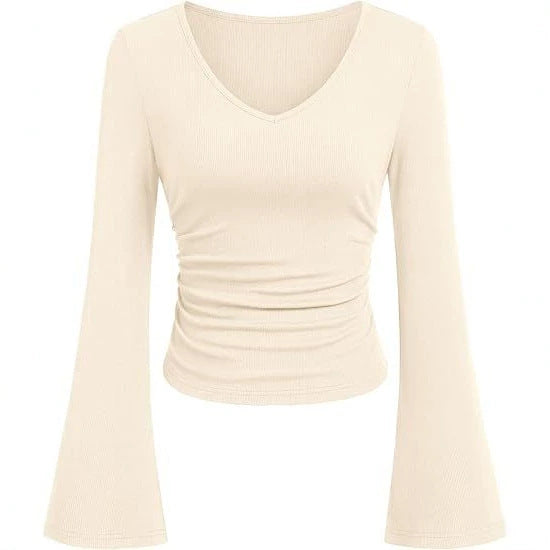 Women's Ribbed Crop Top with V-Neck, Tailored Gathering and Flared Trumpet Sleeves Mune Fashion