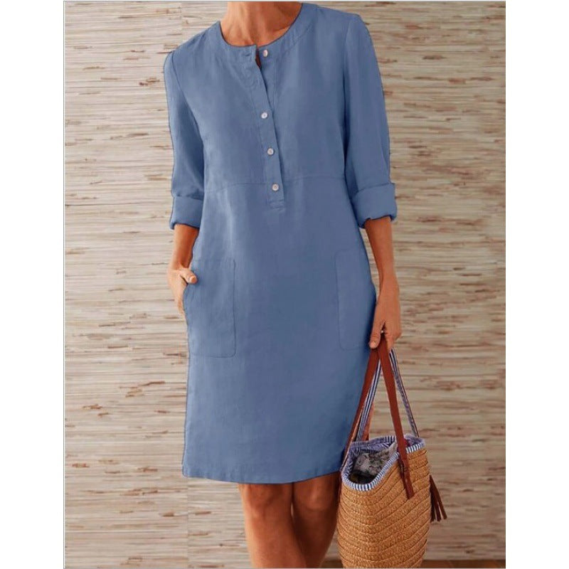 Women loose-fitting linen-look dress with three-quarter sleeves, button placket and side pockets Mune Fashion