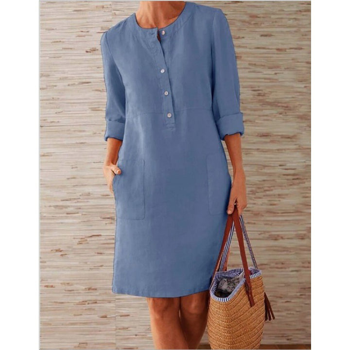 Women loose-fitting linen-look dress with three-quarter sleeves, button placket and side pockets Mune Fashion