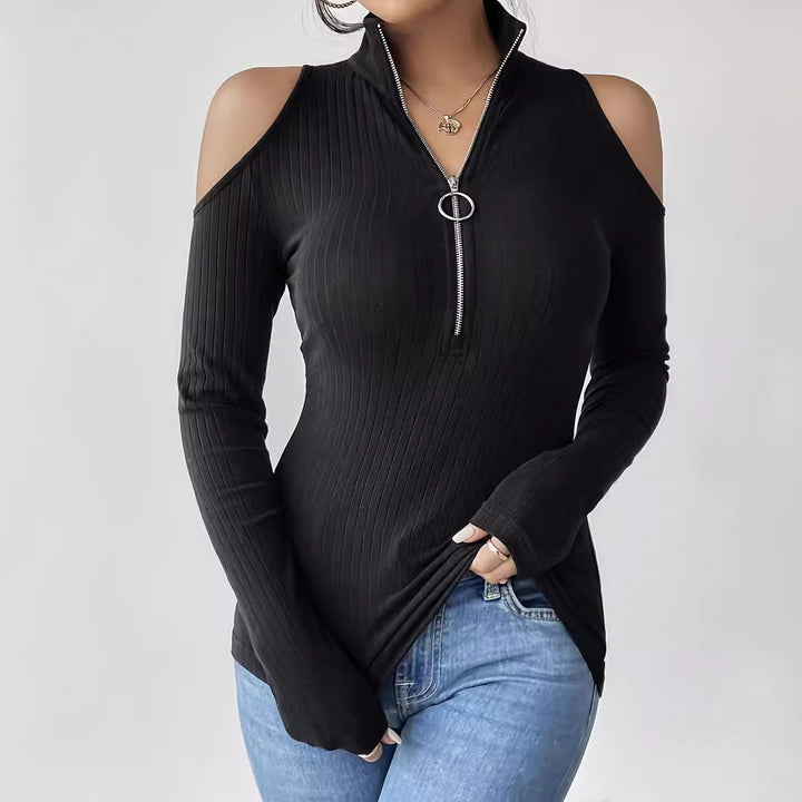 Women's tailored ribbed top with shoulder cutout, high collar, and ring zipper Mune Fashion