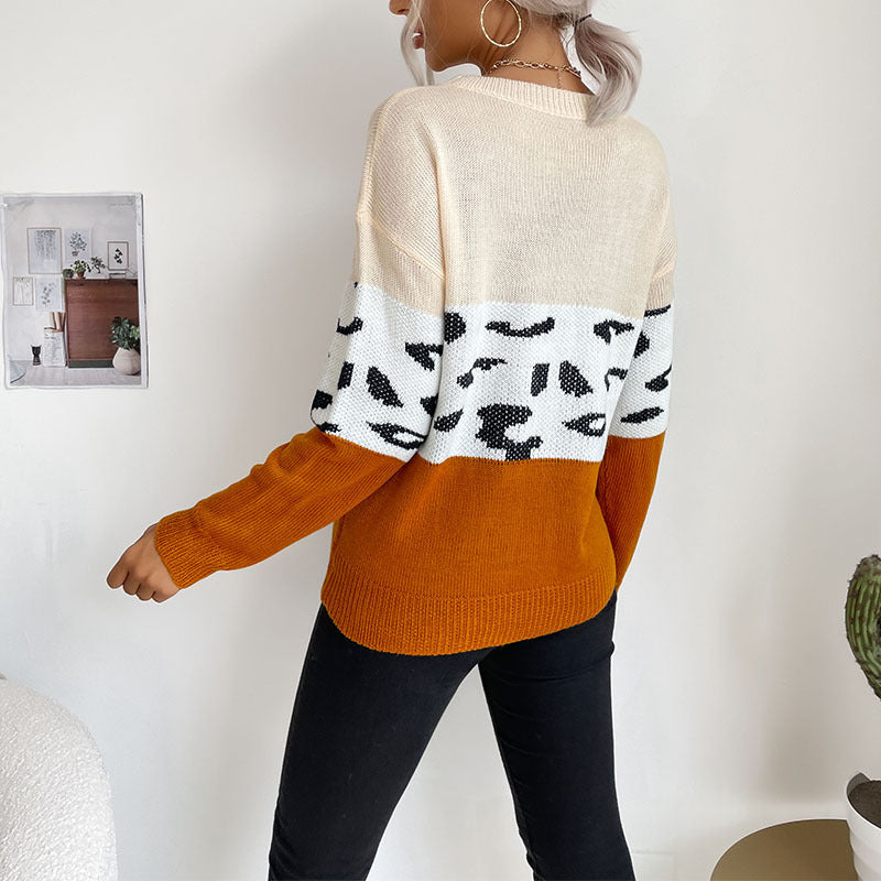 Women's Boxy Knit Sweater in Colorblock Leopard Mix with Round Neck and Ribbed Sleeves