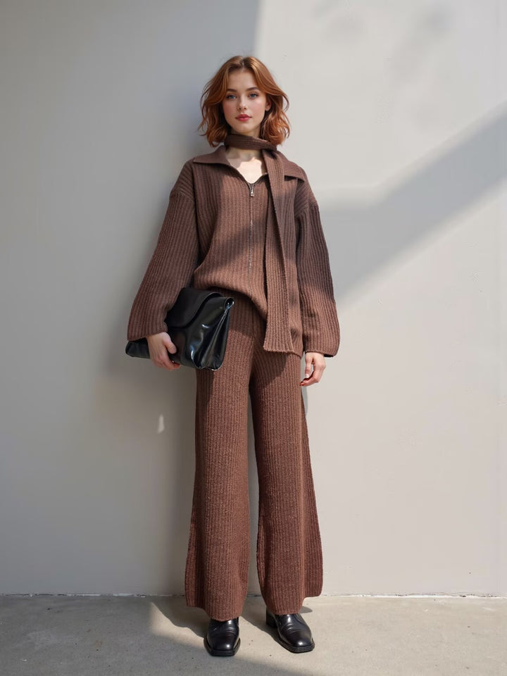 Women Ribbed Knit Two-Piece with Wide V-Neck, Long Scarf and Palazzo Pants Mune Fashion