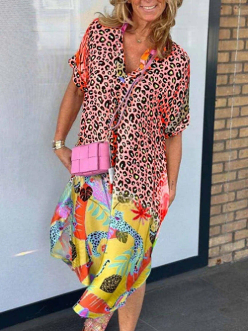 Women nano locker fitted V-neck midi dress with leopard print and tropical motif Mune Fashion