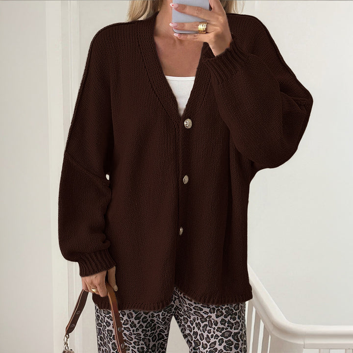 Women's Boucle Oversize Cardigan with Deep V-Neck, Kimono Sleeves and Gold Decorative Buttons Mune Fashion