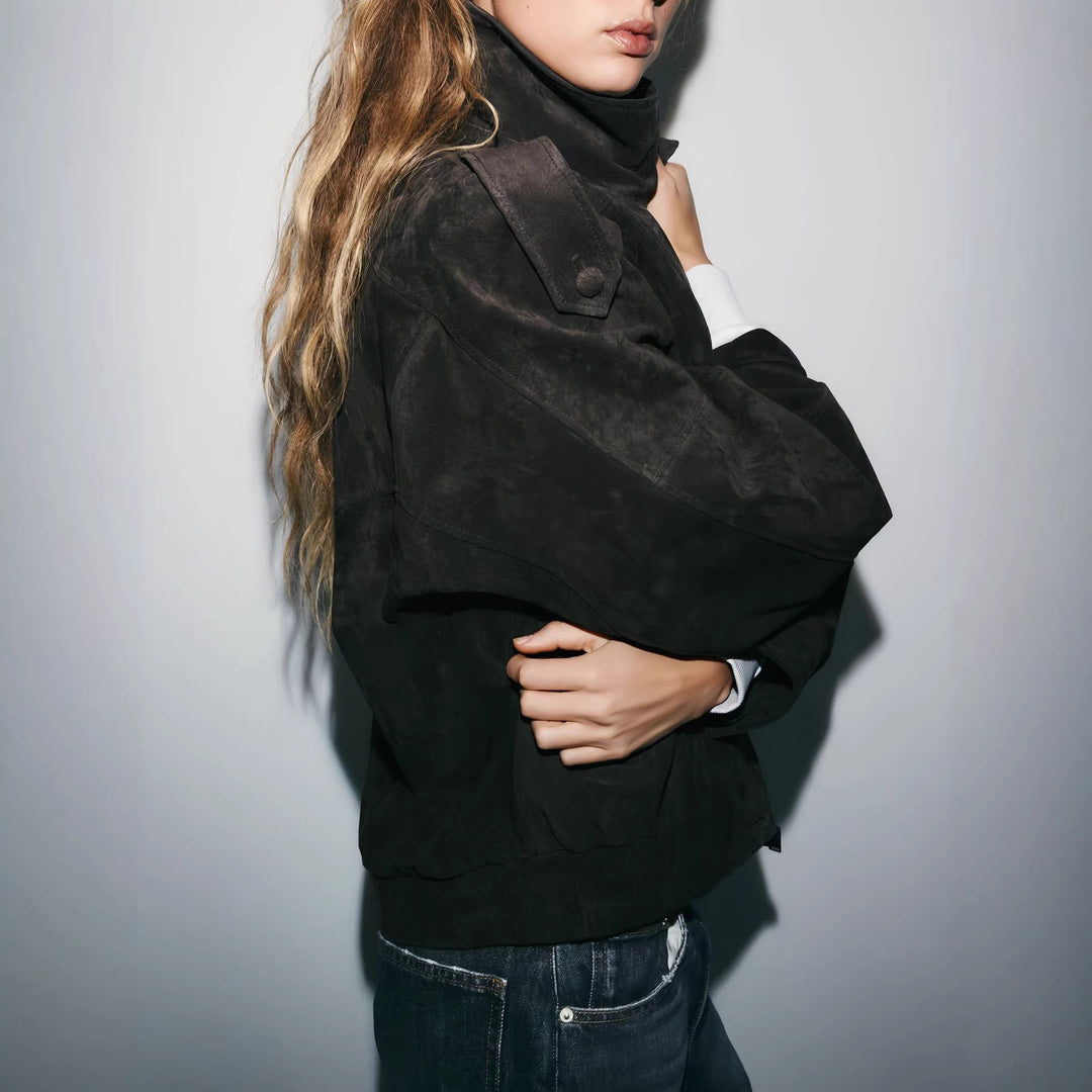 Women's Casual Suede Jacket with High Collar