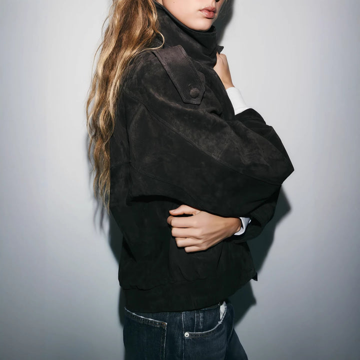 Women's Casual Suede Jacket with High Collar