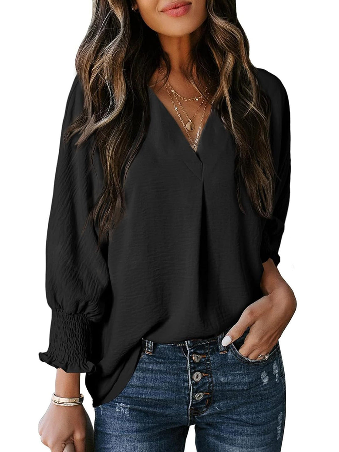 Women V-neck blouse with casual balloon sleeves and ruffle details Mune Fashion