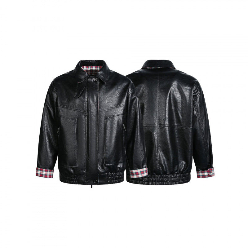 Men's faux leather blouson with check lining, zipper and elastic hem Mune Fashion
