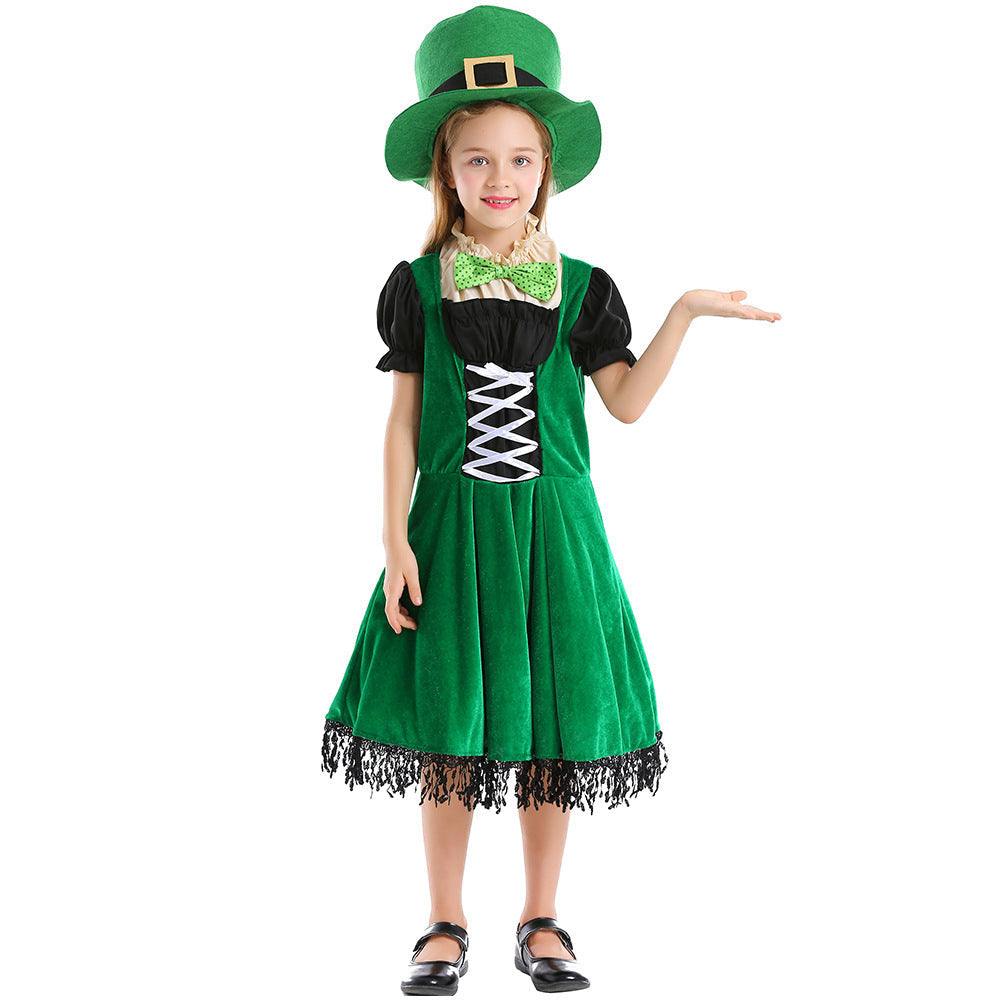 Girl Leprechaun Costume with Green Hat and Fringe Mune Fashion