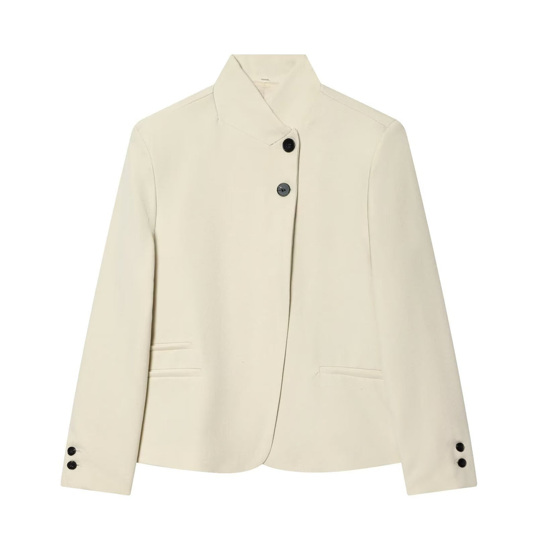 Women's Short Blazer with Stand Collar and Asymmetric Two-Button Closure Mune Fashion