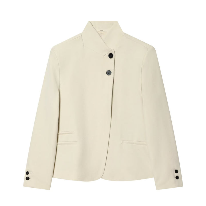 Women's Short Blazer with Stand Collar and Asymmetric Two-Button Closure Mune Fashion
