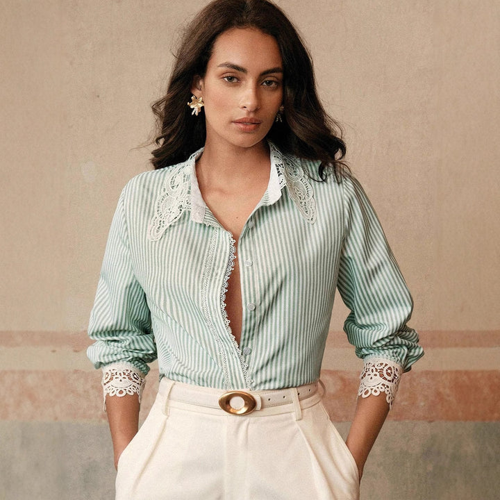 Women's Striped Blouse with Lace Collar and Lace Inserts Mune Fashion