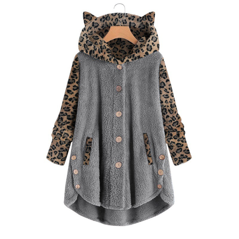 Women's teddy coat with hood, button placket, and contrasting leopard sleeves Mune Fashion