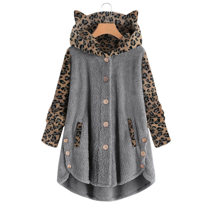 Women's teddy coat with hood, button placket, and contrasting leopard sleeves Mune Fashion