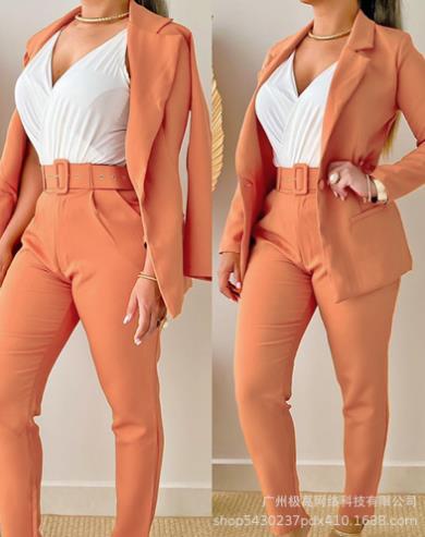 Women's tailoring set with animal print lapel, tailored belt blazer and high-waist slim pants Mune Fashion