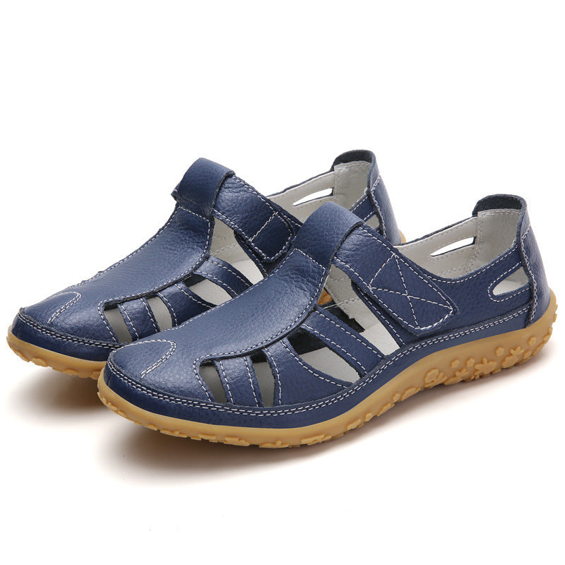 Ladies closed leather summer shoe with cutouts hook and loop fastener and cushioning nub sole Mune Fashion