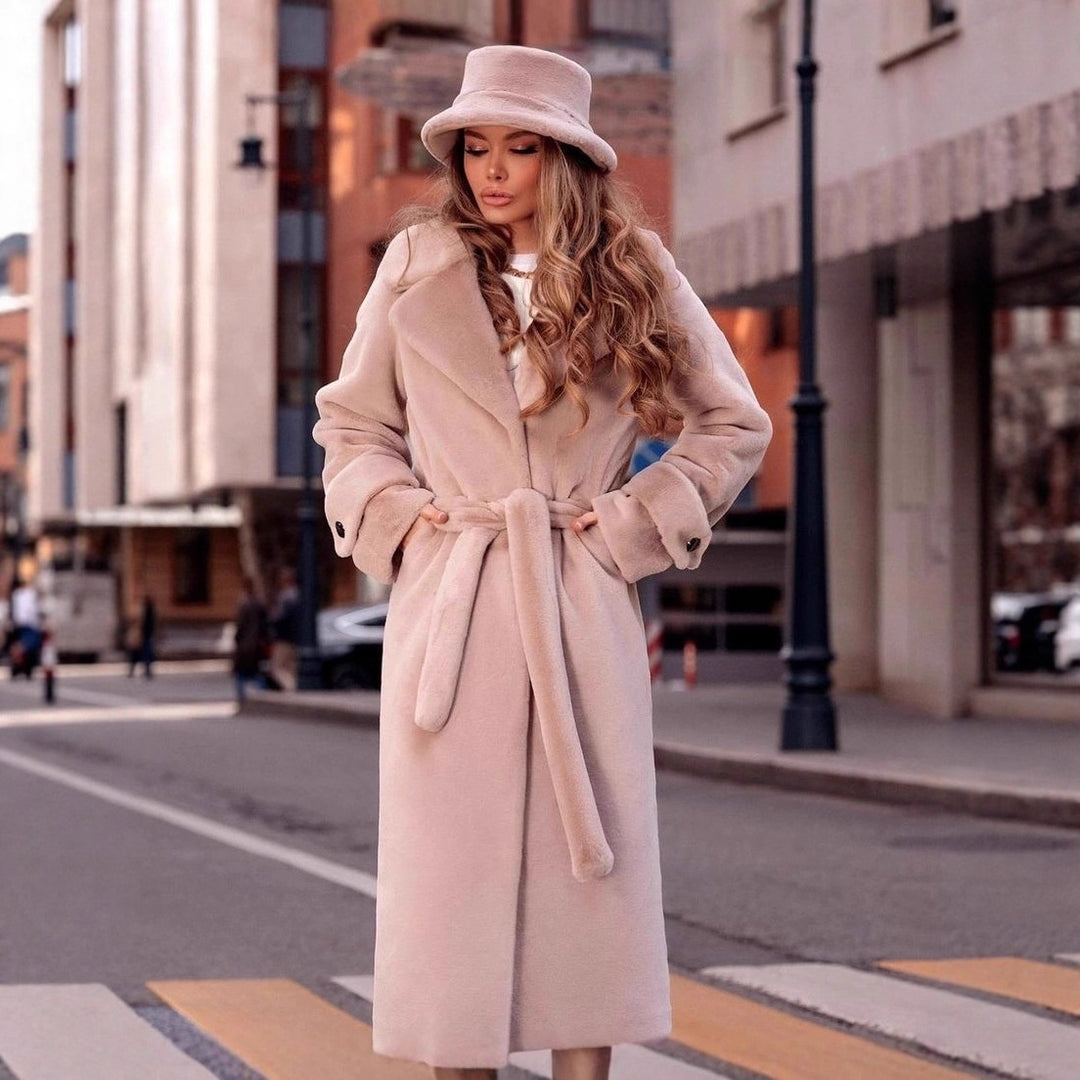 Women Elegant Maxi Wool Coat with Waist Belt, Wide Lapel and Roll-Up Cuffs Mune Fashion