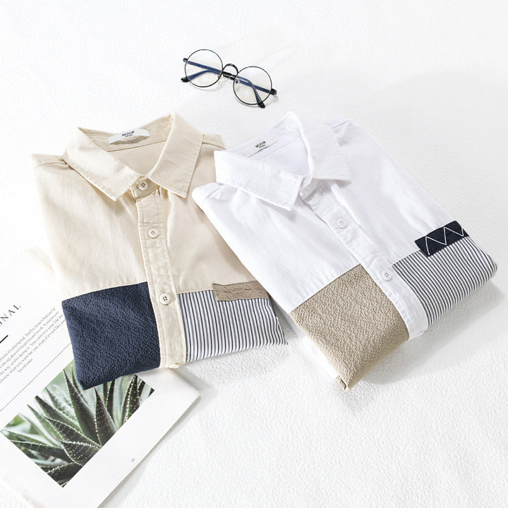 Men's Long-Sleeve Cotton Shirt with Contrasting Patch Details and Chest Pocket Mune Fashion