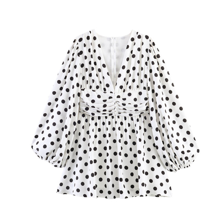 Ladies Polka Dot Blouse with Deep V-Neck, Gathered Waistline and Voluminous Balloon Sleeves Mune Fashion