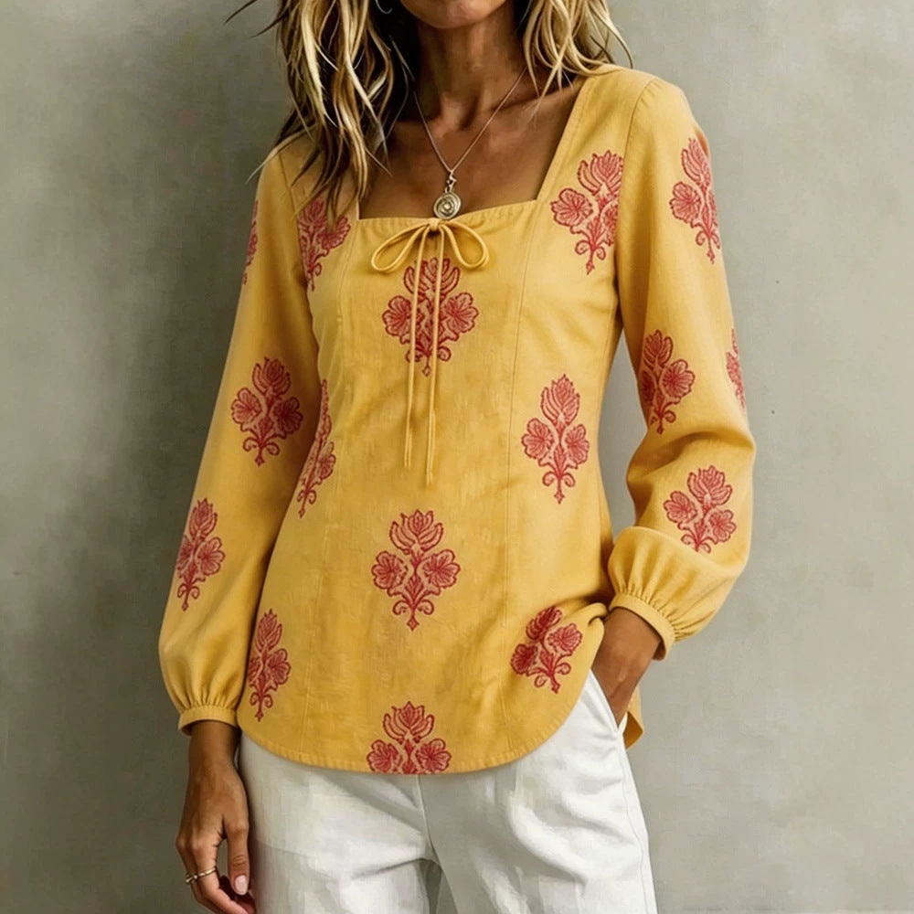 Women's Embroidered Tunic Blouse with Square Neckline and Feminine Balloon Sleeves Mune Fashion