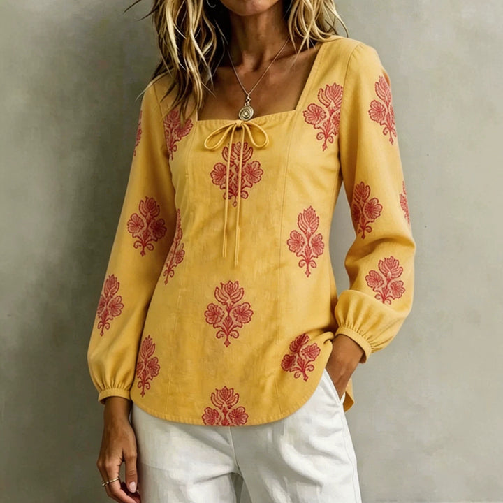 Women's Embroidered Tunic Blouse with Square Neckline and Feminine Balloon Sleeves Mune Fashion