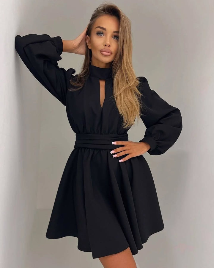 Women Elegant Short Dress with Stand Collar, Cut-Out, Wide Bell Skirt and Waist Sash Mune Fashion