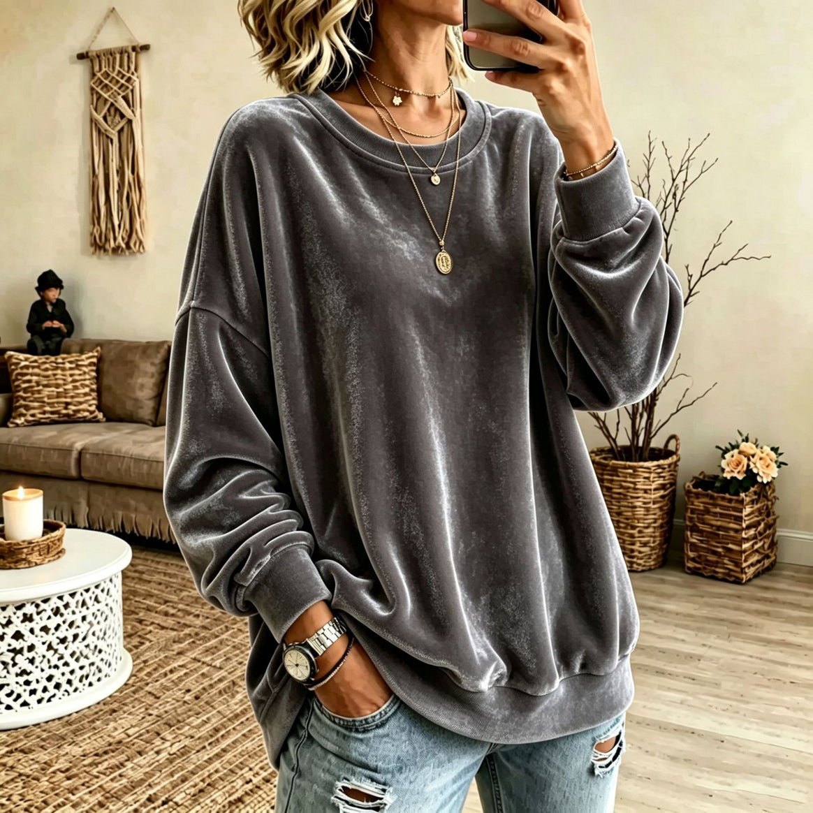 Women Oversized Velvet Sweater with Loose Fit and Ribbed Hem Mune Fashion