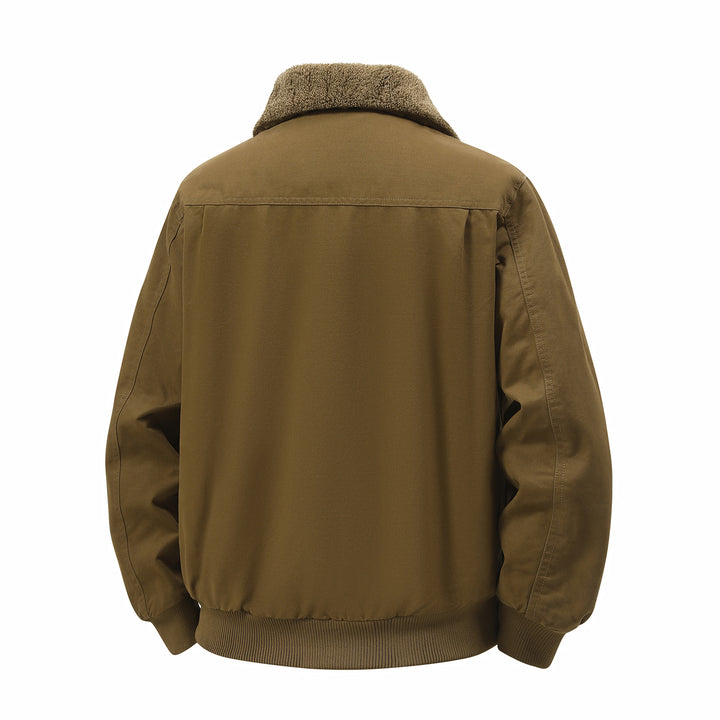 Men's thermo bomber jacket in field style with teddy collar, patch chest pockets & zipper closure