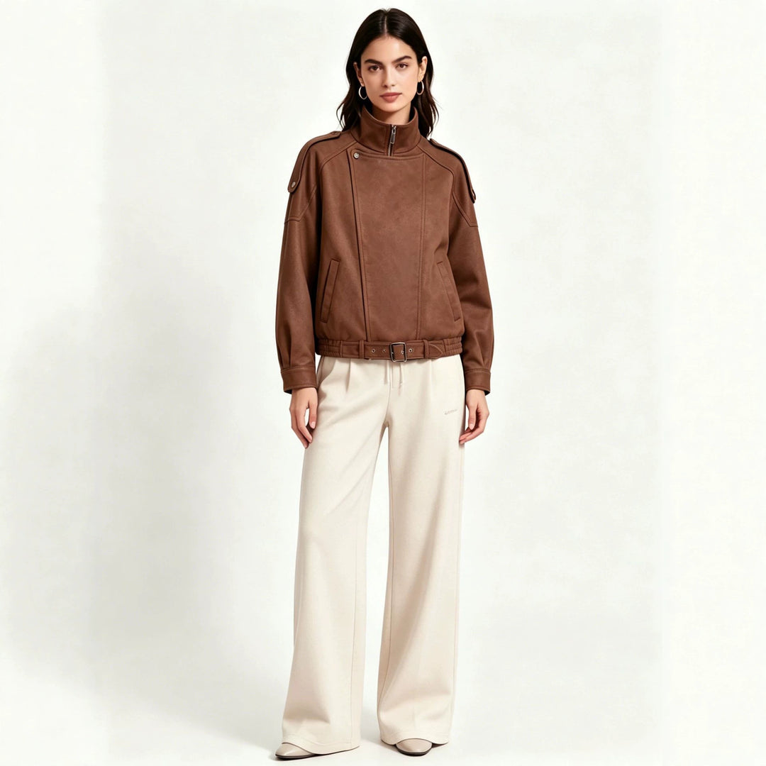 Women's Short Suede Look Bomber Jacket with High Stand Collar, Shoulder Epaulettes and Waist Belt Mune Fashion