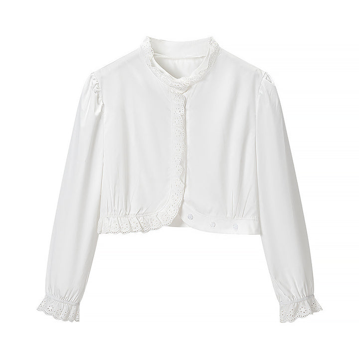 Women’s short blouse with embroidery anglaise trim, standing collar, and gathered waist Mune Fashion
