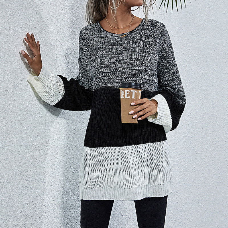Women Oversize Knit Sweater with Colorblock Inserts, Round Neck and Tunic Silhouette Mune Fashion
