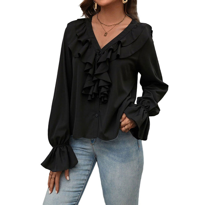 Women feminine ruffle blouse with V-neck, flounce row and bell sleeves Mune Fashion