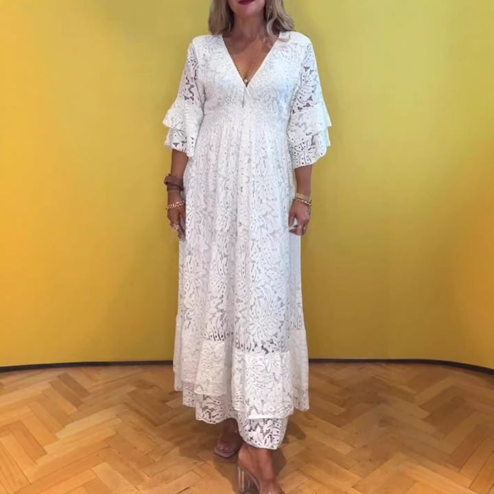 Women’s Boho Lace Maxi Dress with V-Neck, Underbust Seam, and Tiered Ruffle Sleeves Mune Fashion